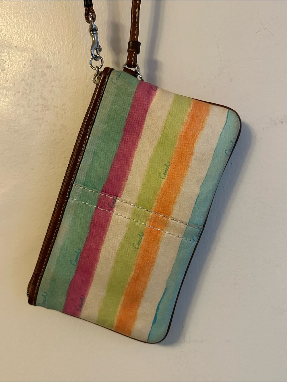 Coach Striped Multicolor Canvas Wristlet with Brown Leather Trim - Picture 15 of 15